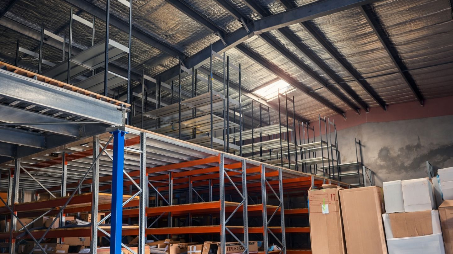 Mezzanine industrielle et plateforme sur racks lourds installées sur la plateforme logistique IDEX à Ducos (Martinique)