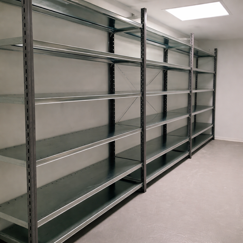 Vue d'ensemble des travées de rayonnage de la zone de stockage industriel EMPH