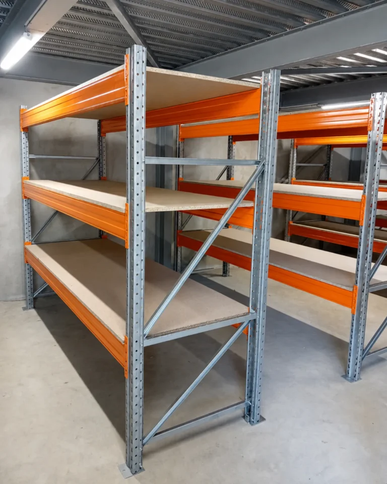 Racks lourds basse hauteur sur 3 niveaux avec planchers aggloméré, installés sous la mezzanine métallique du site SEA SOMANET à la Semair, Le Robert (Martinique)