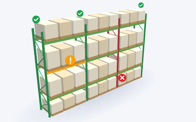Animation 3D d’un rack contrôlé, éléments classés en vert, orange et rouge